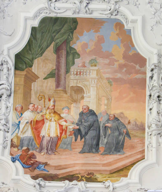 Fresco in St Mang Basilica in Foot, Bavaria, Germany Fresco depicting Saint Benedict and Saint Magnus of Fussen, Saint Mang, in the Basilica of Fussen, Bavaria, Germany. st mang stock pictures, royalty-free photos & images