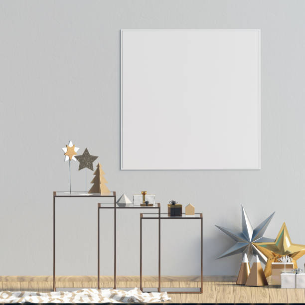istock Modern Christmas interior with coffee table, Scandinavian style. Poster mock up. 3D illustration 1063306052