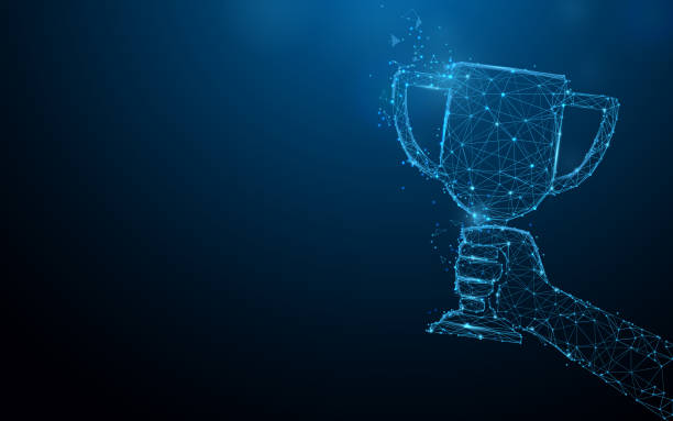 istock Hand holding trophy cup tophy form lines, triangles and particle style design. Illustration vector 1063311616