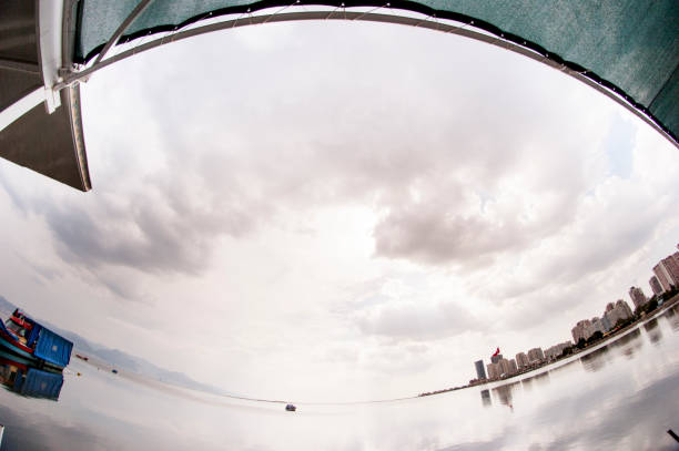 Fisher boat on the sea. Fisheye landscape from Mavisehir Bostanli Izmir Turkey. Izmir stock pictures, royalty-free photos & images