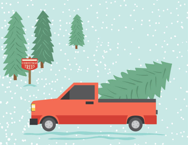 istock Cute Cartoon Pick-Up Truck Driving With a Christmas Tree 1063314514