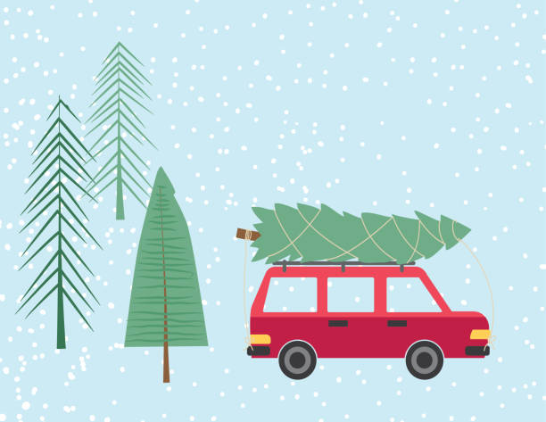 illustrazioni stock, clip art, cartoni animati e icone di tendenza di auto dei cartoni animati carina che guida con un albero di natale - snow bound