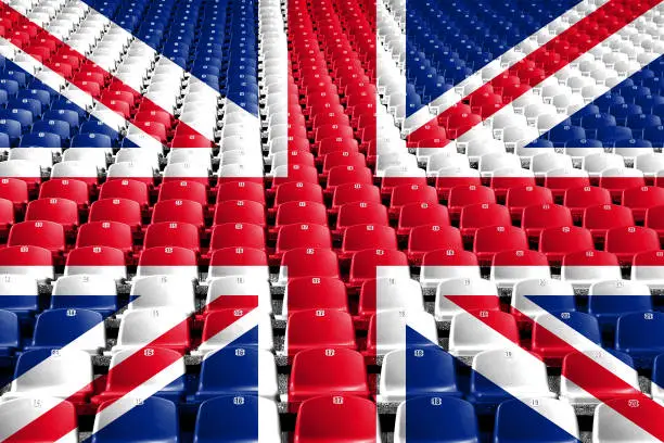 Photo of United Kingdom flag stadium seats. Sports competition concept.