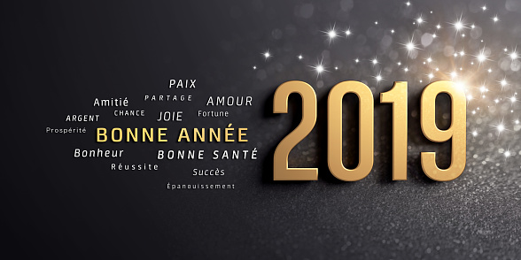 Happy New Year greetings in French and 2019 date number, colored in gold, on a festive black background, with glitters and stars - 3D illustration