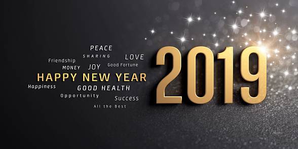 Happy New Year greetings and 2019 date number, colored in gold, on a festive black background, with glitters and stars - 3D illustration