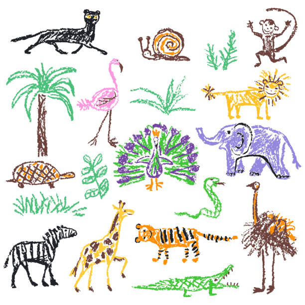 illustrations, cliparts, dessins animés et icônes de ensemble d’animaux sauvages. crayons à dessiner comme girafe dessiné de main de l’enfant, éléphant, lion, singe, zèbre, crocodile isolé sur blanc. - crayon pastel illustrations
