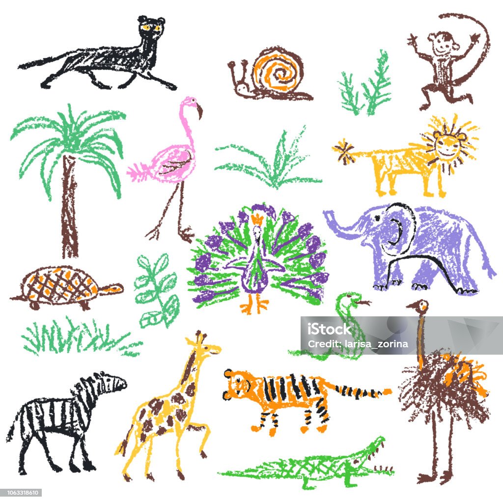 Wild Animals Set Crayon Like Kids Hand Drawn Giraffe Elephant Lion Monkey  Zebra Crocodile Isolated On White Stock Illustration - Download Image Now -  iStock