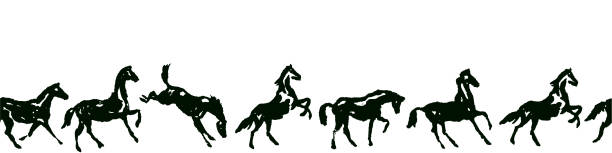 illustrazioni stock, clip art, cartoni animati e icone di tendenza di bordo equestre senza cuciture con silhouette a cavallo in varie pose e movimento. - steeplechasing