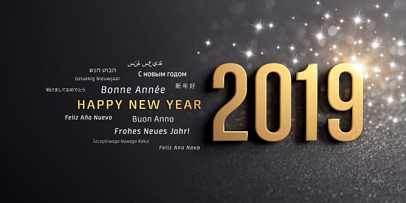 New Year date 2019 colored in gold and greeting words in multiple languages, on a glittering black background - 3D illustration