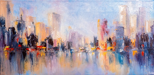 Skyline ciudad vista con reflejos en el agua. Original pintura al óleo sobre lienzo, photo