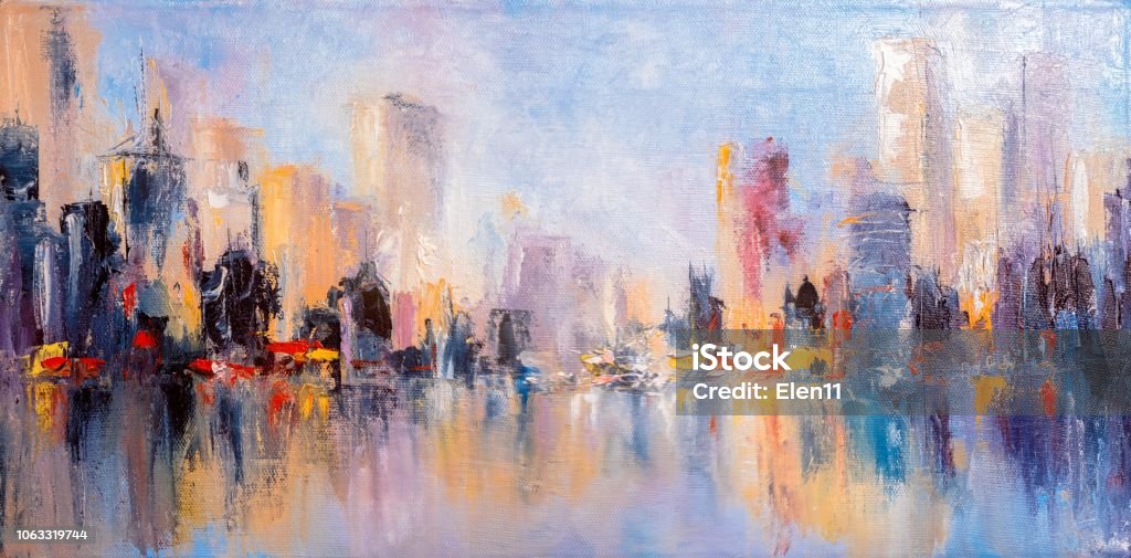 Skyline city view with reflections on water. Original oil painting on canvas, Painting - Art Product Stock Photo