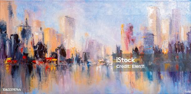 Skyline City View With Reflections On Water Original Oil Painting On Canvas Stock Photo - Download Image Now