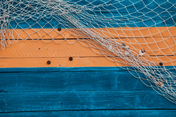 Fishing net on the board Fishing net on the board commercial fishing net stock pictures, royalty-free photos & images