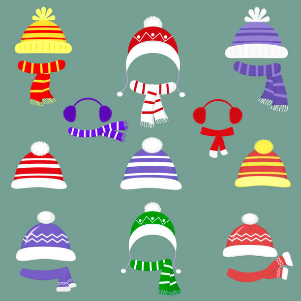 ilustraciones, imágenes clip art, dibujos animados e iconos de stock de un conjunto de diecinueve diferentes sombreros y bufandas para niños y niñas en tiempo frío o para practicar deportes. ropa para invierno y otoño. vector de estilo plano - retro christmas audio