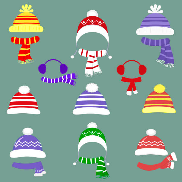 19 다른 모자와 스카프 또는 스포츠에 대 한 남자와 추운 날씨에 여자의 집합입니다. 겨울,가 대 한 의류입니다. 평면 스타일 벡터 - ski women winter fashion stock illustrations