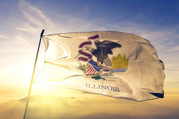 일리노이 미국 상태 플래그 섬유 피복 직물 최고의 일출 안개 안개에 흔들며 - illinois flag 뉴스 사진 이미지