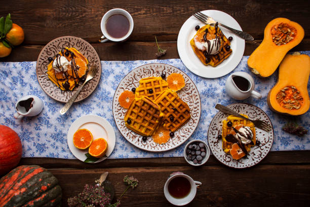 istock Breakfast with pumpkin waffles and ice cream 1063332980