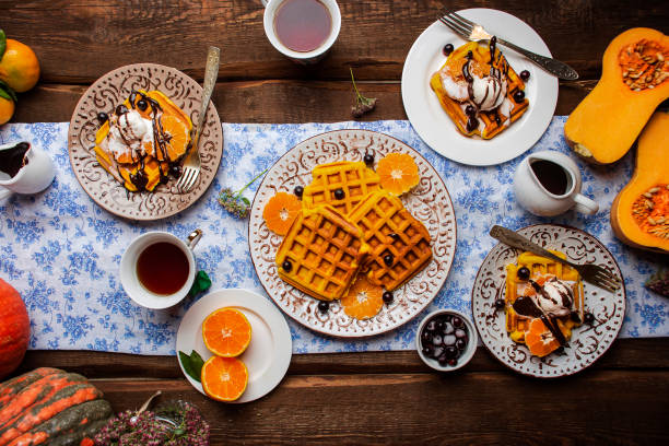 istock Breakfast with pumpkin waffles and ice cream 1063333000