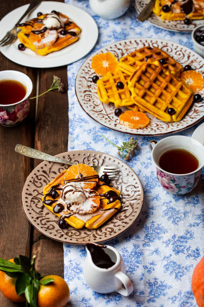 Breakfast with pumpkin waffles and ice cream