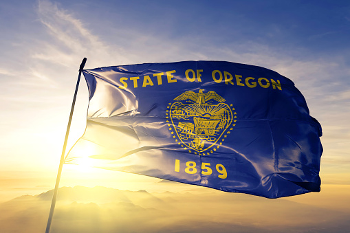 Oregón estado de Estados Unidos textil tela tela de la bandera ondeando en la niebla de la niebla de amanecer superior photo