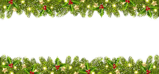 ilustrações de stock, clip art, desenhos animados e ícones de christmas banner with christmas tree garland - christmas frame holly leaf