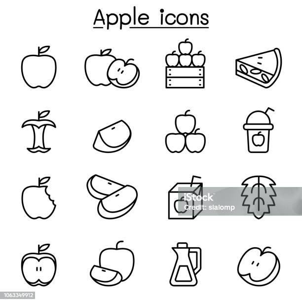 Apple Icon Set In Thin Line Style Stock Illustration - Download Image Now - Apple - Fruit, Icon Symbol, Slice of Food