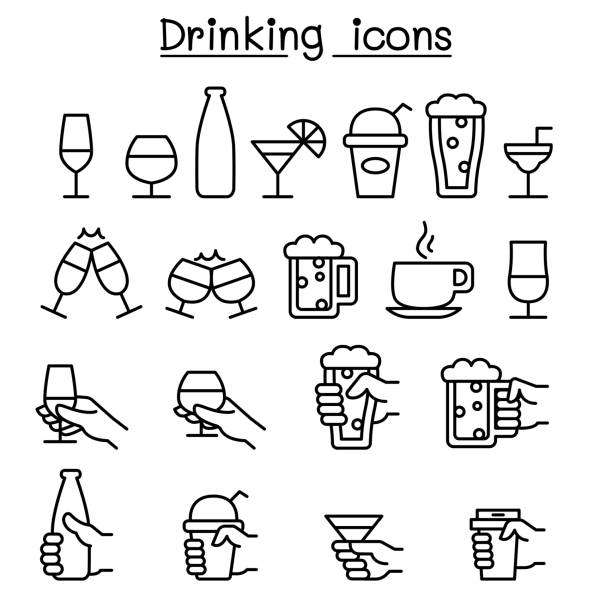 ilustrações de stock, clip art, desenhos animados e ícones de drinking, glass in the hand icon set in thin line style - toast coffee