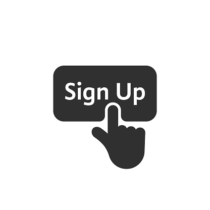 black simple finger presses on sign up button. concept of click here like abstract ui symbol and new registration on web site. flat style trend modern graphic design on white background