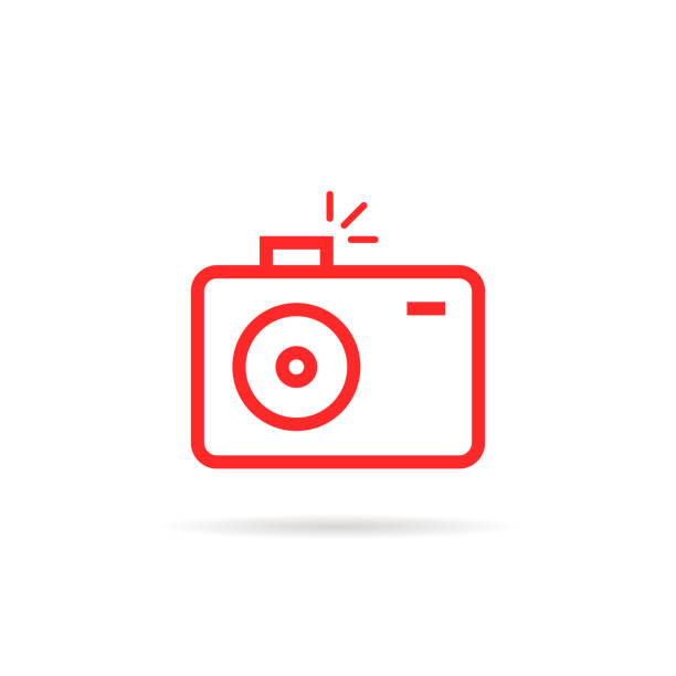 red linear simple photo camera red linear simple photo camera. unusual flat stroke style trend modern graphic art design on white. contemporary photograph minimal emblem or user interface in mobile application concept computer mouse photos stock illustrations