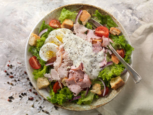 Chefs Salad with Roast Turkey and Black Forest Ham Chefs Salad with Roast Turkey and Black Forest Ham ranch dressing stock pictures, royalty-free photos & images