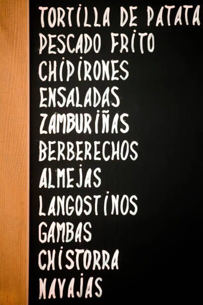istock Tapas menu, spanish language, handwritten with chalk on blackboard. 1063361664