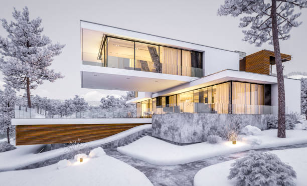 istock 3d rendering of modern cozy house by the river in winter evening 1063364244