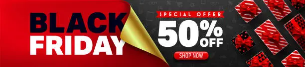 Vector illustration of Black Friday Sale Promotion Poster or banner with open gift wrap paper concept.Special offer 50% off sale in black and red style.Promotion and shopping template for Black Friday