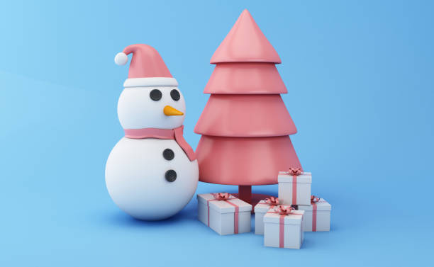 istock 3d Snowman with Christmas tree and gifts. 1063368262