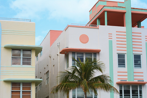 Close-up detail of Art Deco buildings in Miami, Florida