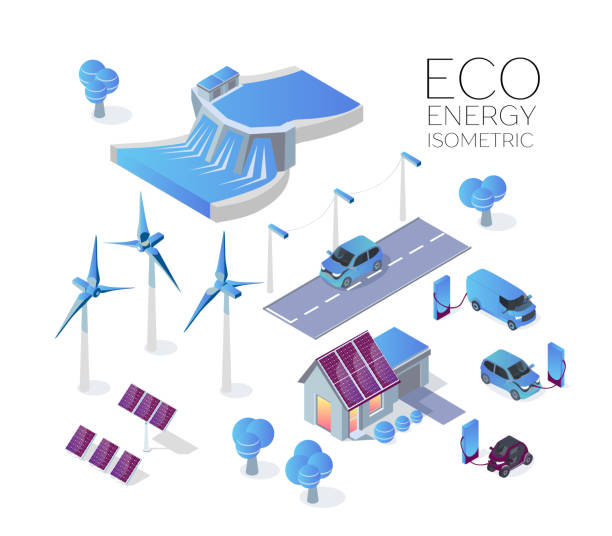 ilustrações de stock, clip art, desenhos animados e ícones de alternative energy concept vector flat illustration. isometric car and city house connected to solar panel, wind turbines and hydroelectric power station, car charge station. isometric 3d - fuel and power generation wind turbine solar panel alternative energy