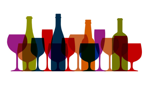 ilustraciones, imágenes clip art, dibujos animados e iconos de stock de conjunto de icono de la copa de vino y botellas, insignia, signo, emblema – stock vector - silhouette vodka bottle glass