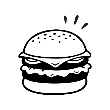 Double cheeseburger drawing, two patties burger illustration in vintage sketch style. Isolated black and white vector clip art.