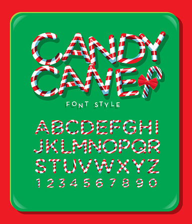 Vector illustration of candy cane alphabet font text design with red and white stripes. Includes numbers. Easy to edit.