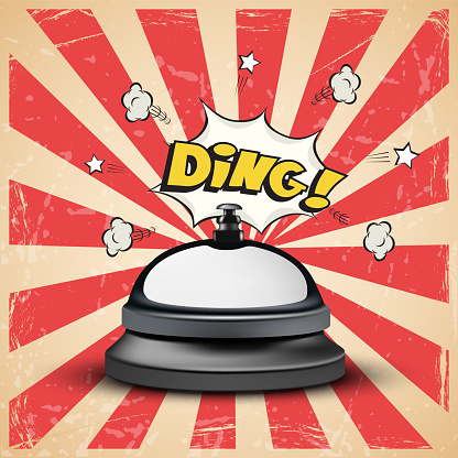 Ding Sign Realistic Reception Bell And Ding Sign On Striped Comic Book Grunge ...
