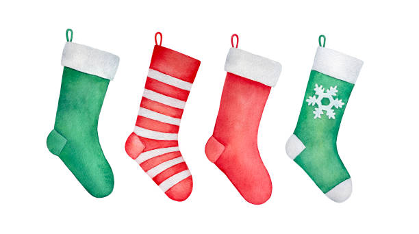 stockillustraties, clipart, cartoons en iconen met het aantal traditionele kerst kousen. bont trim en klassieke rode, groene en witte kleur match. gezellig en mooi accent van december. - lange sokken
