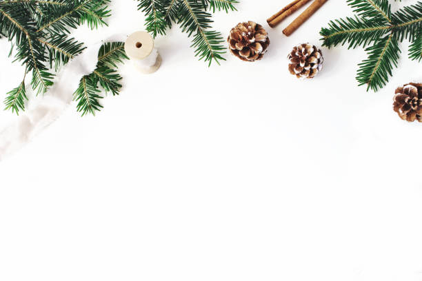 istock Christmas festive styled stock composition. Fir tree branches border. Pine cones, cinnamon and silk ribbon on white wooden background. Flat lay, top view. Copy space. Decorative floral web banner. 1063391262