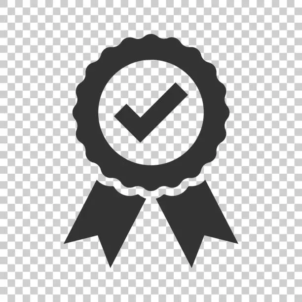 Vector illustration of Approved certificate medal icon in flat style. Check mark stamp vector illustration on isolated background. Accepted, award seal business concept.