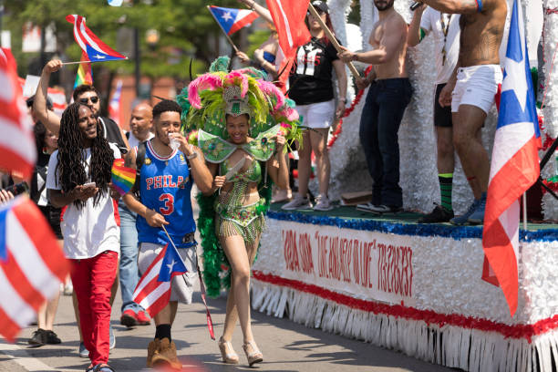 The Puerto Rican People's Parade Chicago, Illinois, USA - June 16, 2018: The Puerto Rican People's Parade, puerto ricans promoting pride and El Rescate from the puerto rican cultural center puerto rican culture stock pictures, royalty-free photos & images