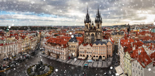 istock Panoramic view of Prague while snowing, Czech Republic 1063397182