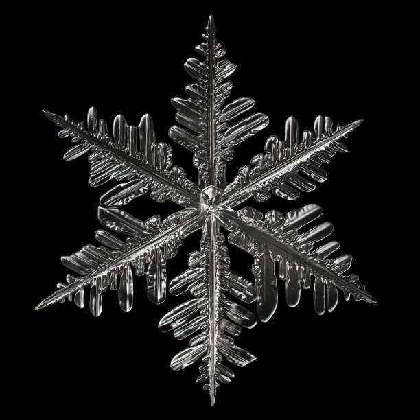 istock Extreme magnification - Real snowflake isolated on black background 1063397304