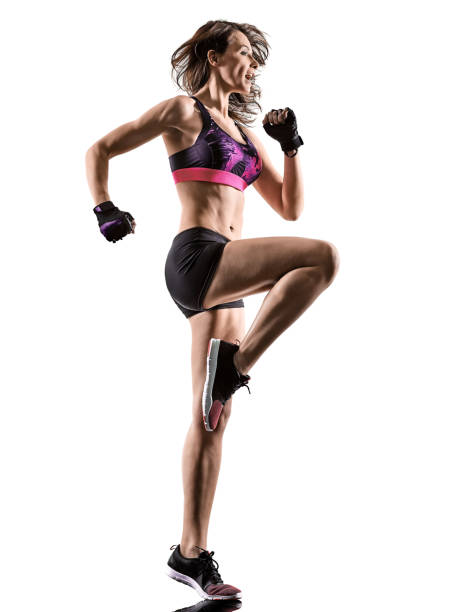 cardio boxing kreuz core training fitness training aerobic frau - women isolated jumping 20s stock-fotos und bilder