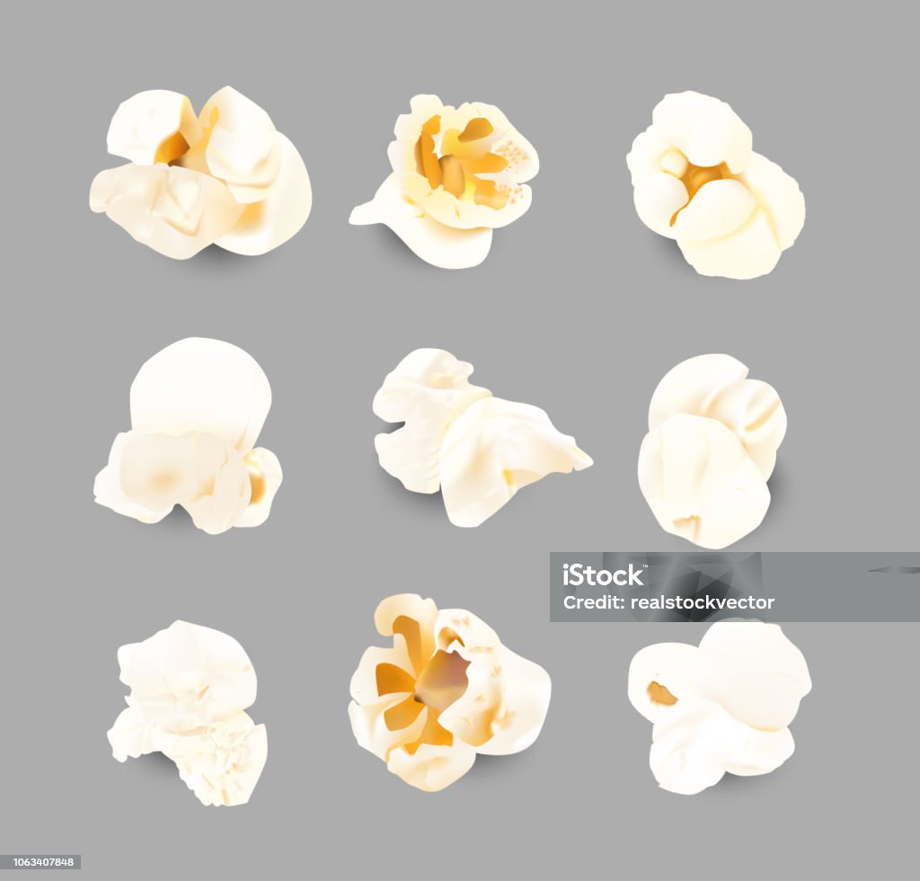 Realistic popcorn grains. Vector illustration on gray background. EPS10. Popcorn stock vector