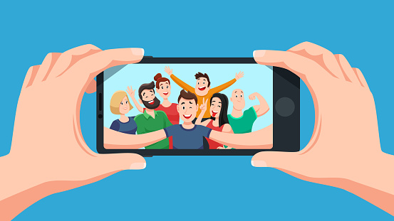 Group selfie on smartphone. Photo portrait of friendly youth team, friends make photos on phone camera or teenage character taking friendship selfies on telephone. Cartoon vector illustration