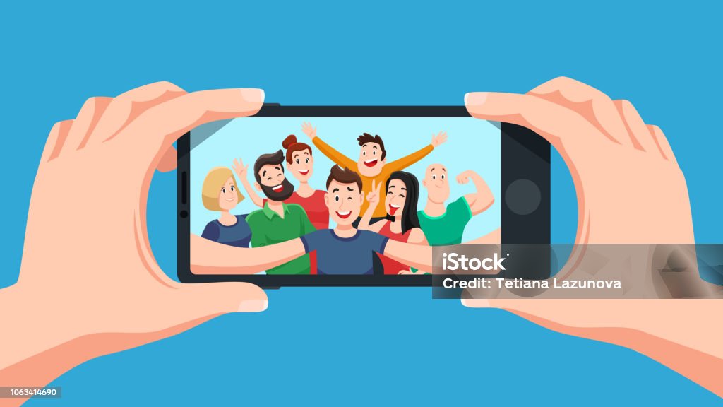 Group selfie on smartphone. Photo portrait of friendly youth team, friends make photos on phone camera cartoon vector illustration Group selfie on smartphone. Photo portrait of friendly youth team, friends make photos on phone camera or teenage character taking friendship selfies on telephone. Cartoon vector illustration Photograph stock vector